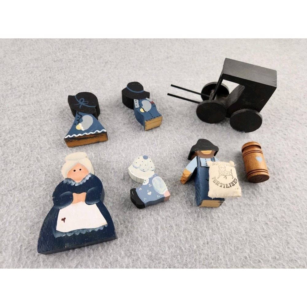 Vtg Hand Painted Wood Amish Figurines Folk Art Cottage Core Buggy Farmer Grandma